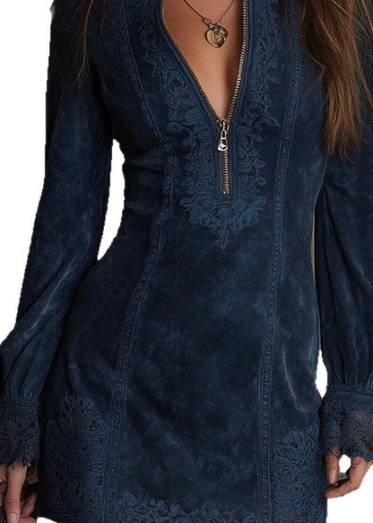 Navy Zip Up Lace Patchwork Cotton Mini Dresses Fall