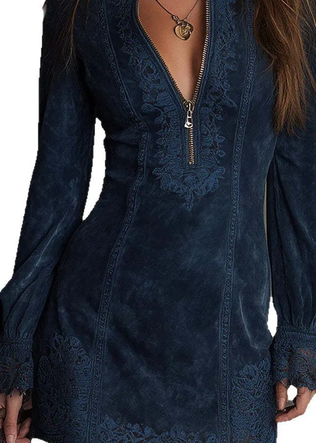 Navy Zip Up Lace Patchwork Cotton Mini Dresses Fall