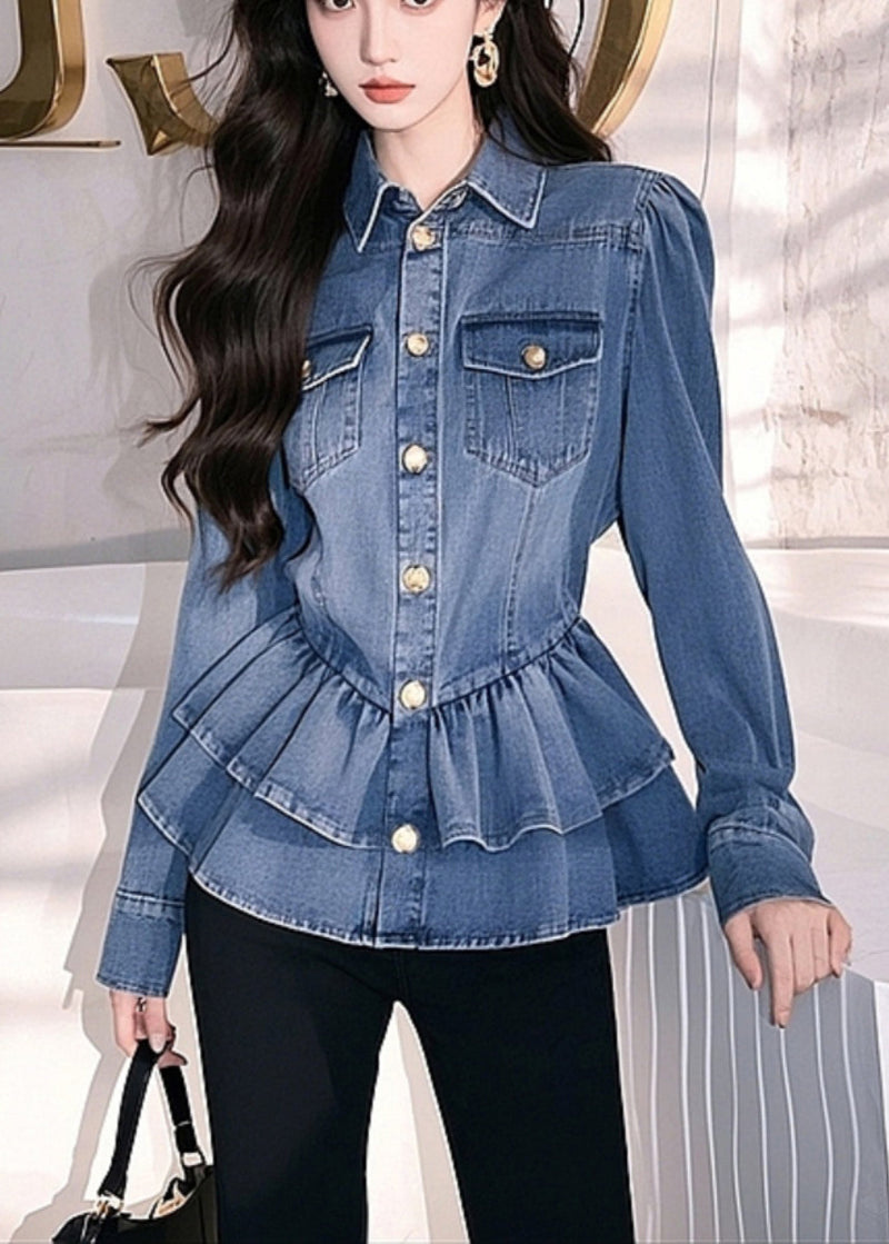 Original Design Blue Peter Pan Collar Button Denim Top Spring