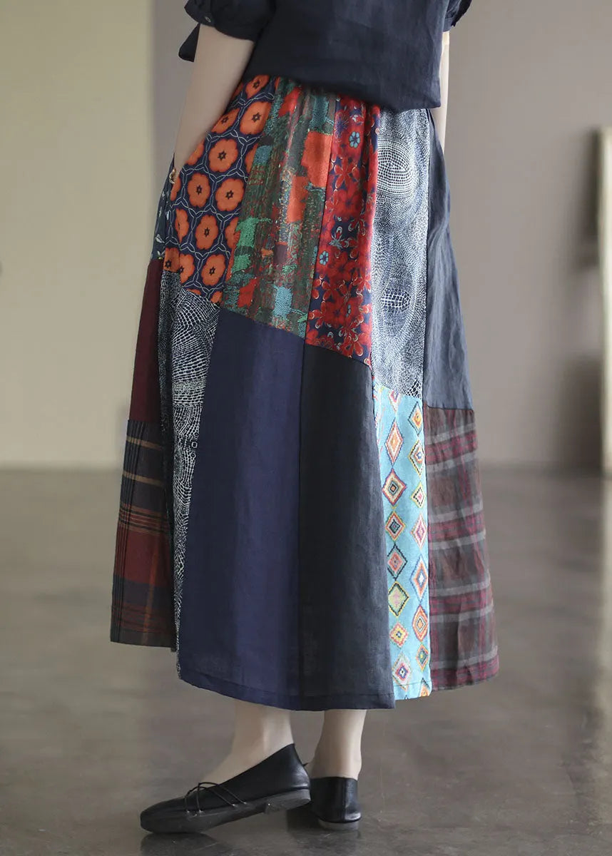 Colorblock Elastic Waist Patchwork Print Linen Skirts Summer