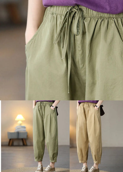 Khaki Pockets Cotton Crop Pants High Waist Spring