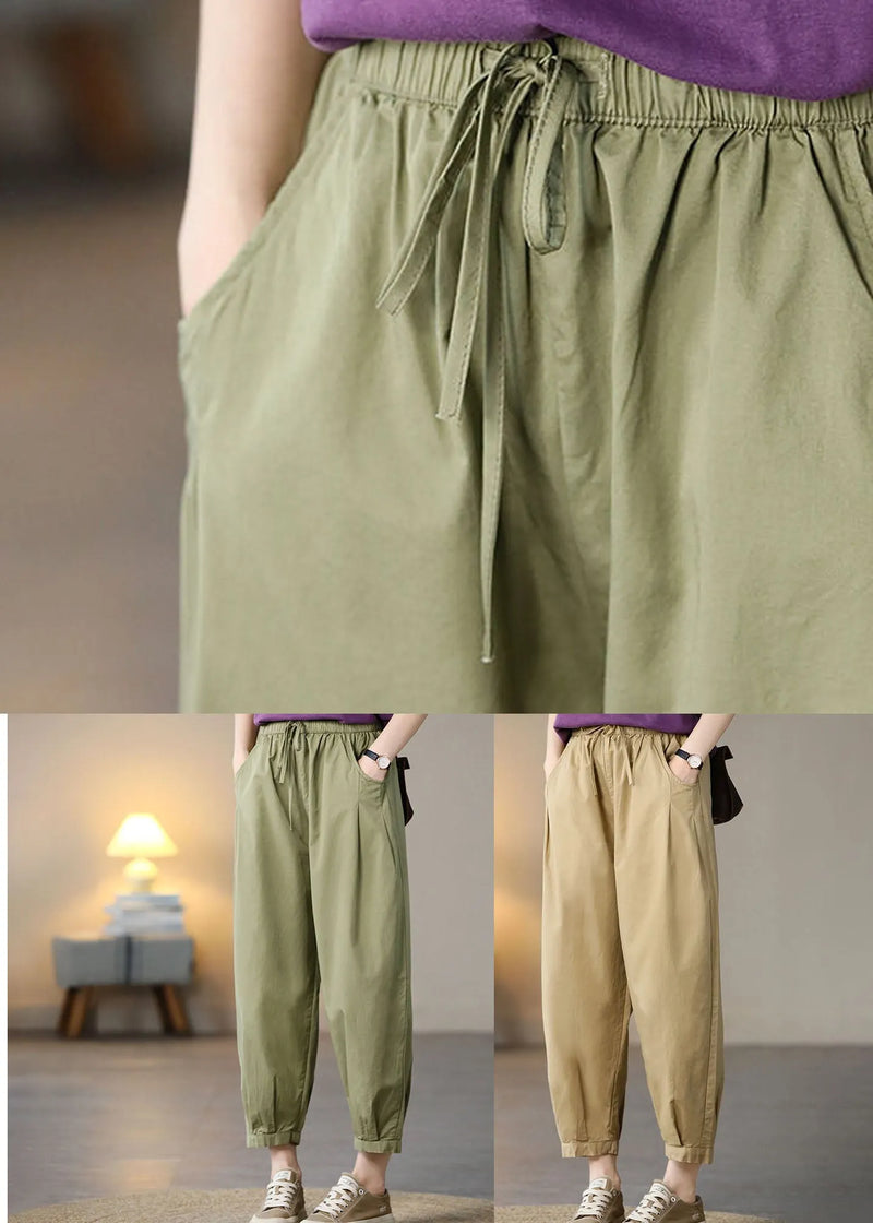 Khaki Pockets Cotton Crop Pants High Waist Spring