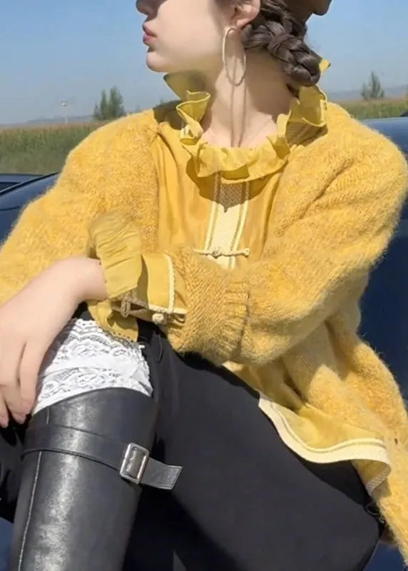 Brief Yellow O-neck Button Cotton Knit Cardigan Spring
