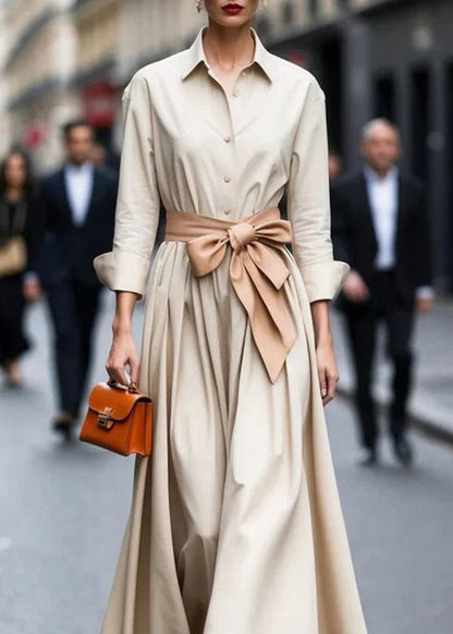 Beige Peter Pan Collar Lace Up Cotton Dress Fall