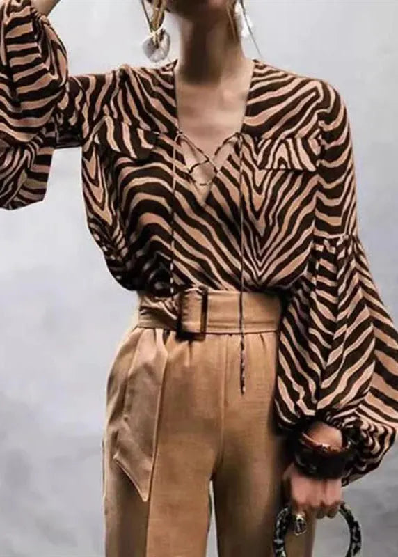 Zebra Print V-neck Lace-up Lantern Sleeve Shirt
