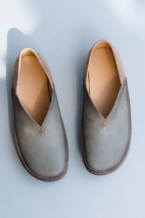 Gray and Beige Leather Flat Shoes