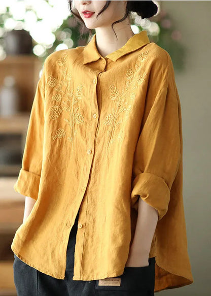 Simple Yellow Button Peter Pan Collar Embroidered Linen Blouse Top Long Sleeve