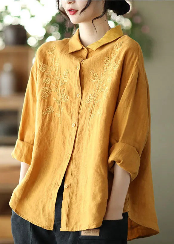 Simple Yellow Button Peter Pan Collar Embroidered Linen Blouse Top Long Sleeve