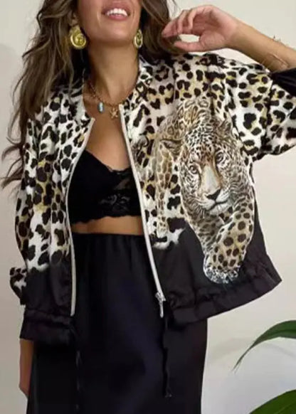 Black Leopard Zip Up Drawstring Short Coat Fall