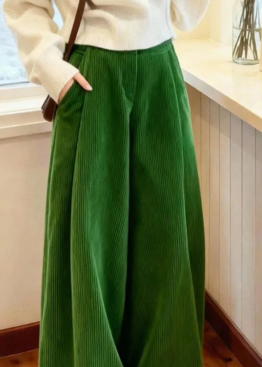 Green Pockets Corduroy Wide Leg Pants Spring