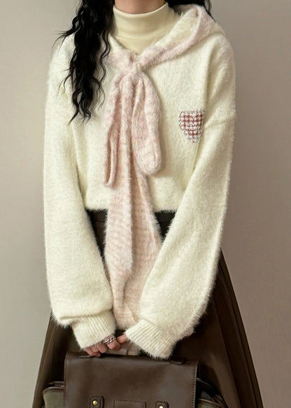 Yellow Hooded Lace Up Patchwork Knit Sweater Spring
