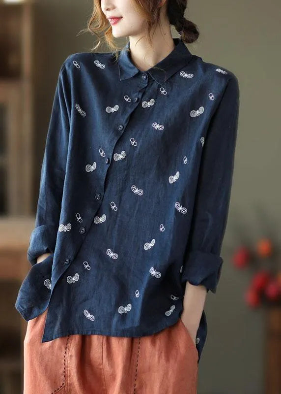 Khaki Peter Pan Collar Button Fall Asymmetrical Design Top Long Sleeve