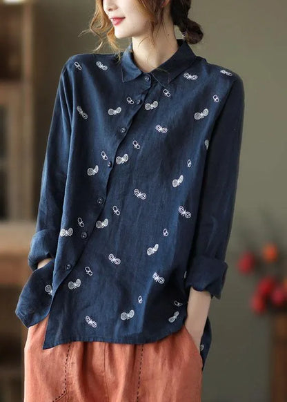 Khaki Peter Pan Collar Button Fall Asymmetrical Design Top Long Sleeve