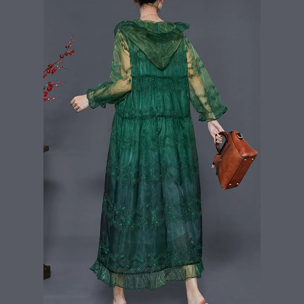 Green Organza Upf 50+ Cardigans Embroidered Ruffled Summer
