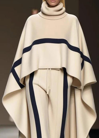 Stylish Beige Turtleneck Striped Top and Pants Two Pieces Set Batwing Sleeve