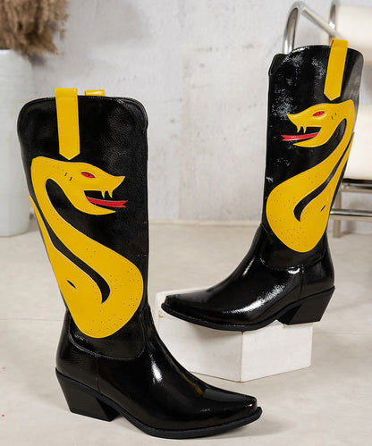 Black Boots Chunky Faux Leather Splicing Pointed Toe