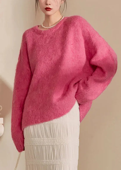 Pink O-neck Thick Cotton Knit Sweaters Winter