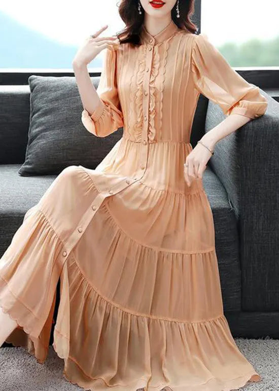 Classy Blue Ruffled Button Patchwork Silk Long Dresses Summer