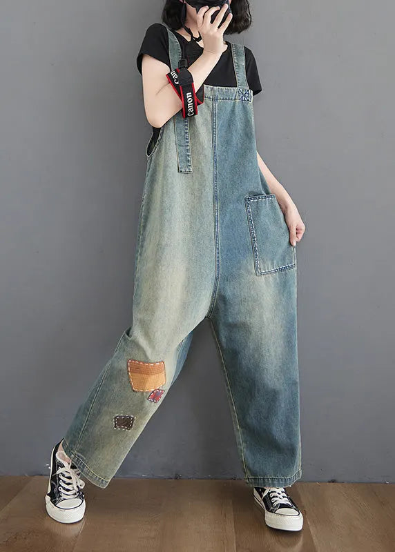 Washing Blue Patchwork Cozy Denim Long Jumpsuit