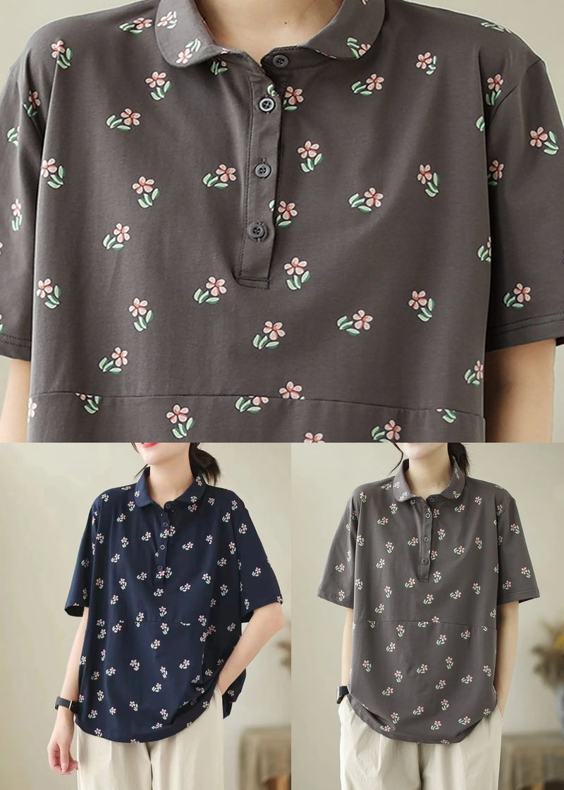 Navy Patchwork Cotton T Shirt Peter Pan Collar Summer