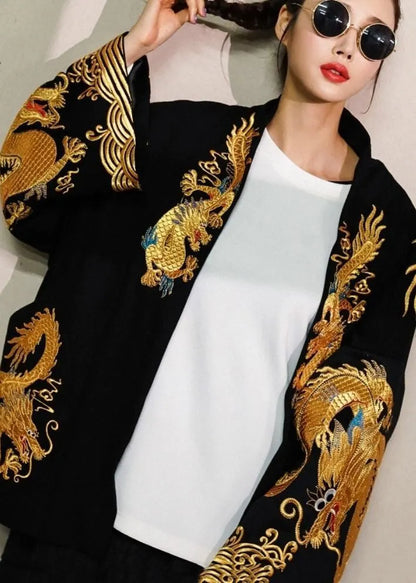 Gold Painted Dragon Oversized Cotton Cardigan Jacket