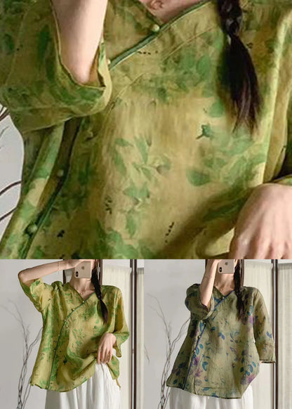 Navy V Neck Print Patchwork Linen Blouse Tops Summer