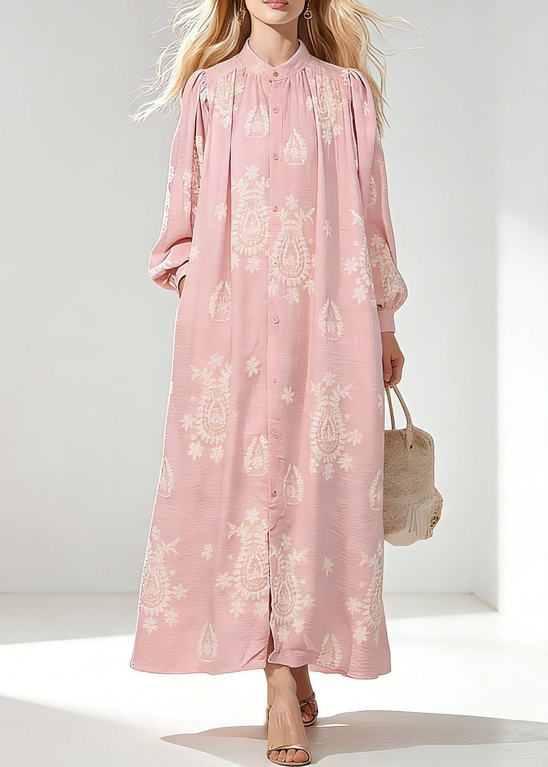 Pink Wrinkled Butto Long Dress Spring