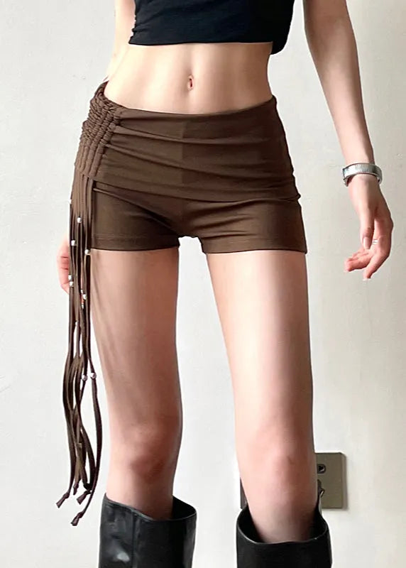 Brown Wrinkled Tassel Hot Pants Summer