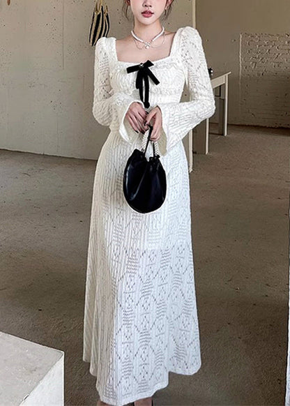 White Square Collar Hollow Out Cotton Long Dresses Spring