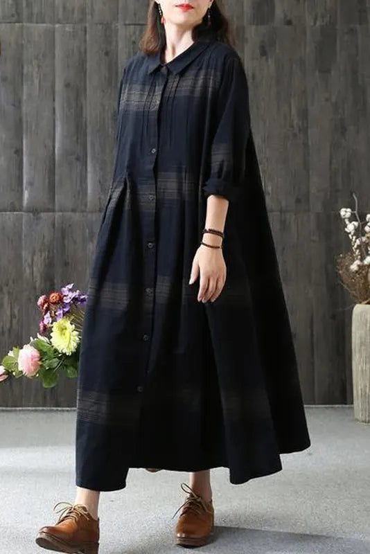 - Linen Plaid Dress Loose Long Sleeve Dress