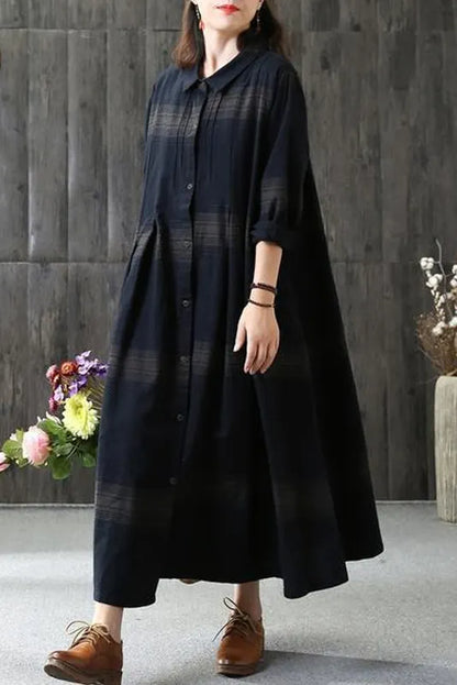 - Linen Plaid Dress Loose Long Sleeve Dress