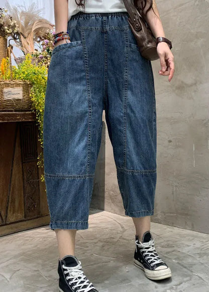 Diy Blue Pockets Denim Pants Spring