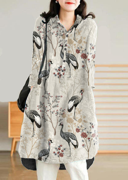 Jade Blue-flower Linen Linen Shirt Dress