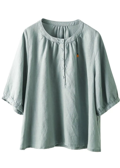 Blue O-neck Embroidered Cotton Top Half Sleeve