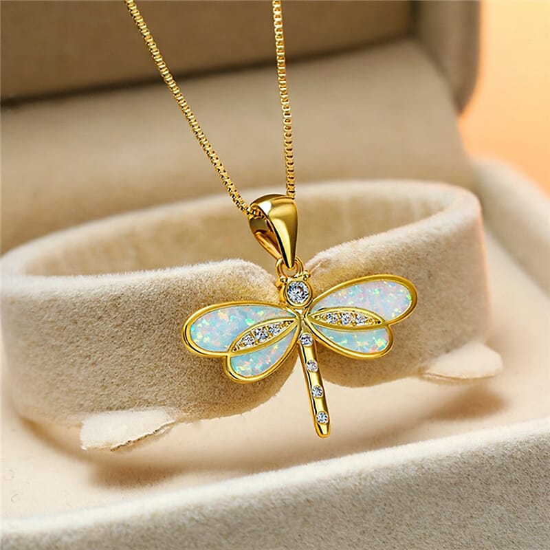 Enchanted Opal Dragonfly Amulet Necklace