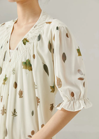 White V Neck Print Chiffon Maxi Dress Summer