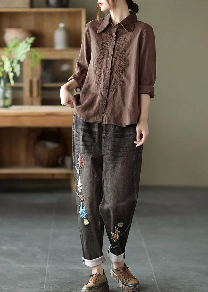 Organic White Loose Embroidered Fall Linen Long Sleeve Blouse Tops