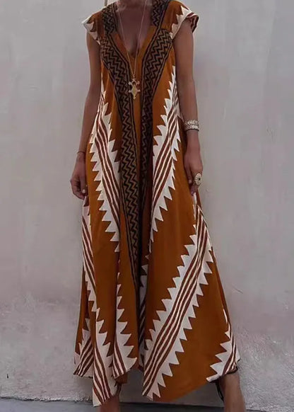 Black V Neck Print Cotton Long Dresses Summer