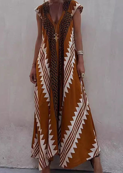 Black V Neck Print Cotton Long Dresses Summer