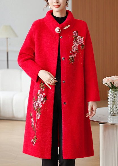 Red Embroidered Long Mink Velvet Coats Spring
