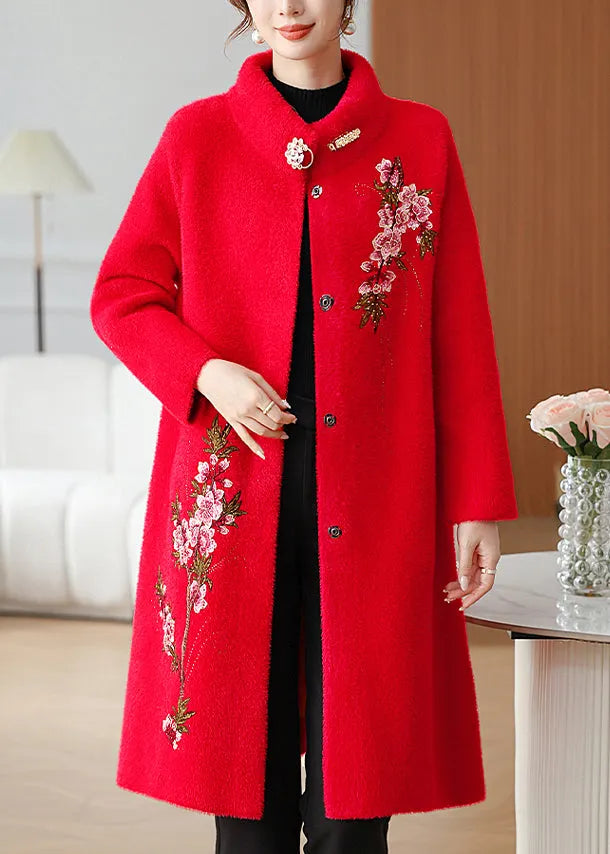 Red Embroidered Long Mink Velvet Coats Spring