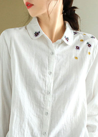 Art White Peter Pan Collar Embroidered Cotton Shirt Spring