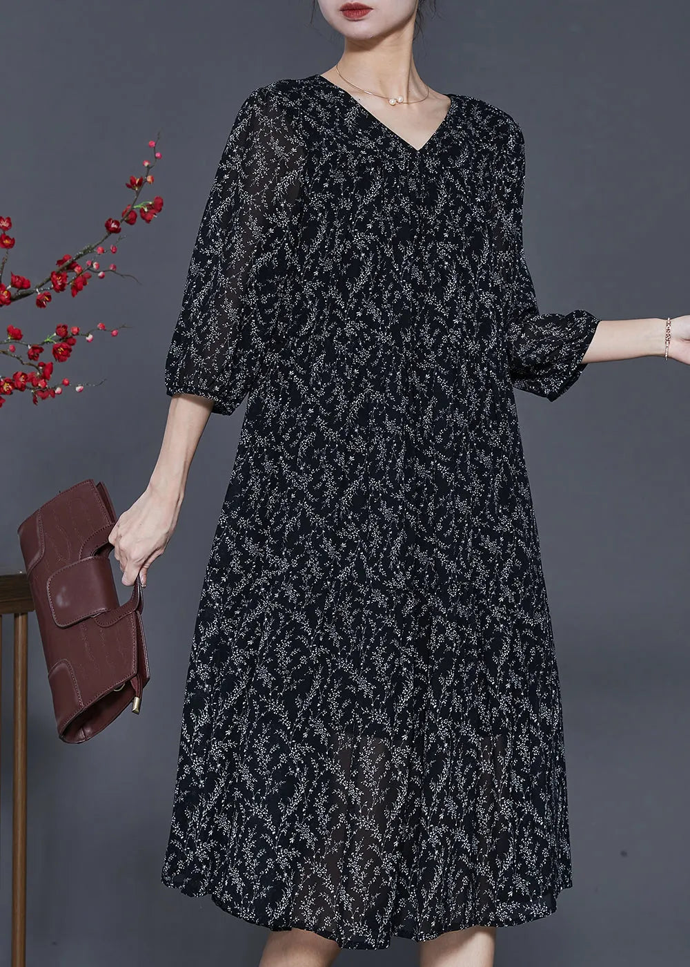 Black Oversized Print Chiffon Dress Half Sleeve