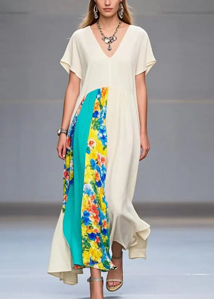 White Asymmetrical Patchwork Chiffon Maxi Dresses Summer