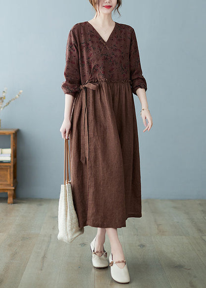 Coffee Ruffled Tie Waist Oriental Linen Dresses Spring