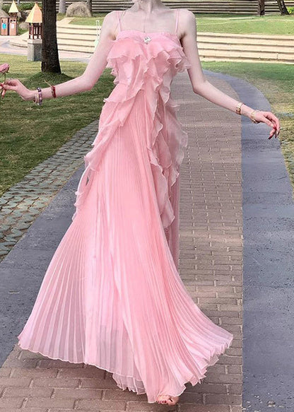 Novelty Pink Ruffled Chiffon Spaghetti Strap Dress Sleeveless