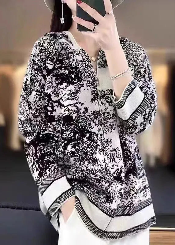 Beige Hooded Zippered Print Wool Knit Coat Long Sleeve