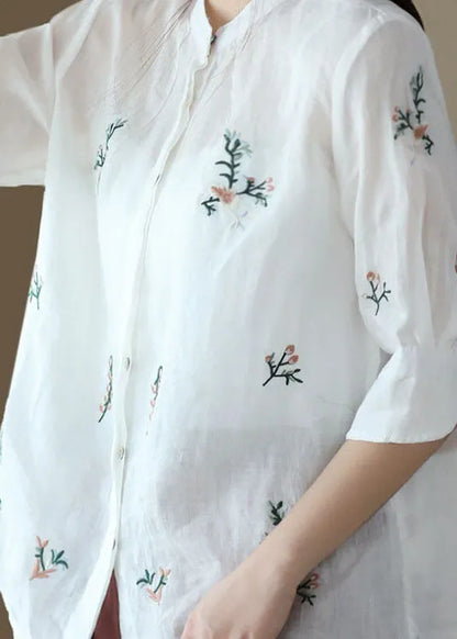 White Stand Collar Embroidered Patchwork Linen Tops Summer