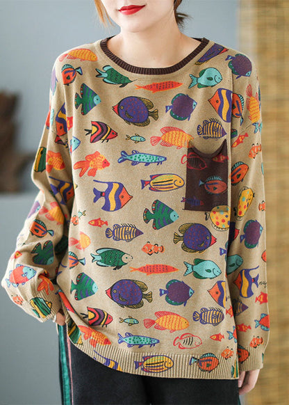 Khaki O-neck Oversized Print Knit Sweater Tops Winter