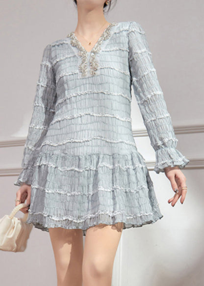 Blue V Neck Ruffled Patchwork Sequins Chiffon Mid Dress Flare Sleeve